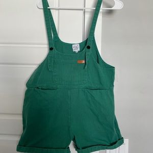 Green denim shorts overalls